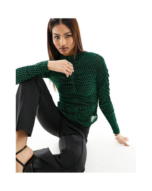 Y.A.S Green High Neck Glitter Mesh Top