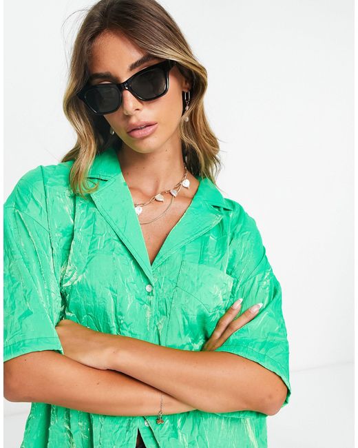 TOPSHOP Co-ord Premium Crinkle Satin Resort Shirt in Green | Lyst