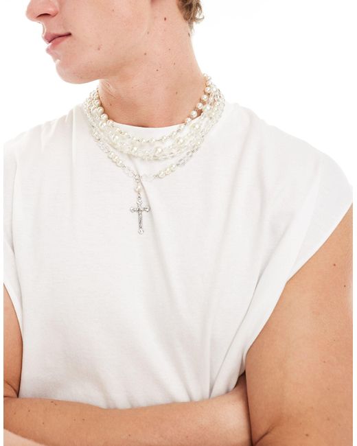 Confezione da 4 collane con perle e croce di ASOS in White da Uomo