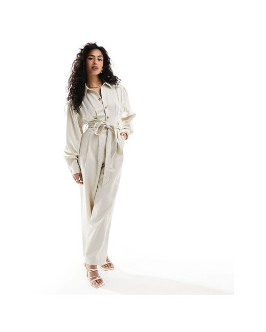 & Other Stories White Long Sleeve Jumpsuit With Button Front And Tie Waist