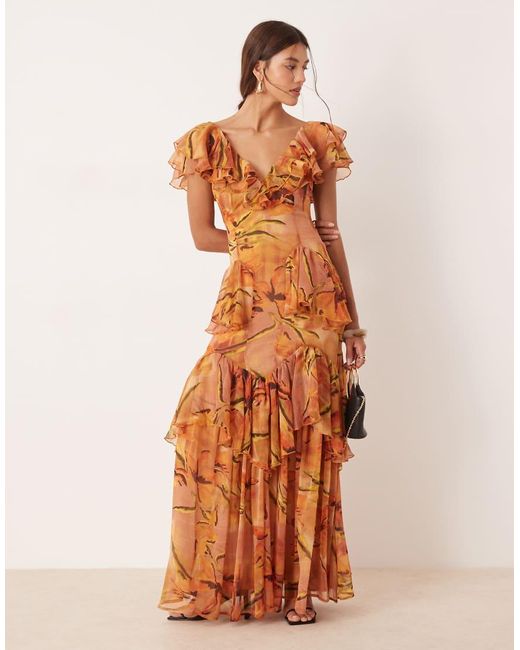ASOS Orange Scoop Neck Flutter Sleeve Ruffle Tiered Midaxi Dress