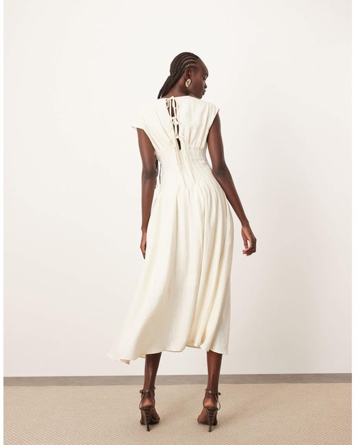 ARRANGE Natural Premium Structured Linen Pleat Waist Midi Dress With Tie Back Detail