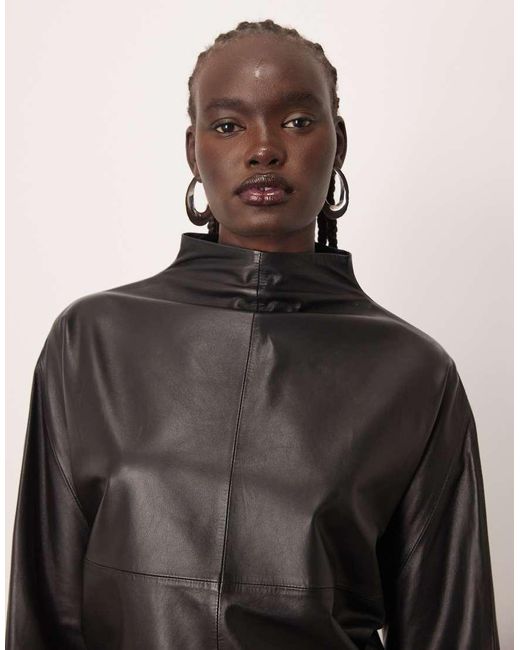 ARRANGE Brown High Neck Leather Curved Top