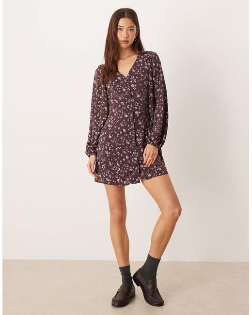 Glamorous Brown Long Sleeve Mini Tea Dress With Tie Front