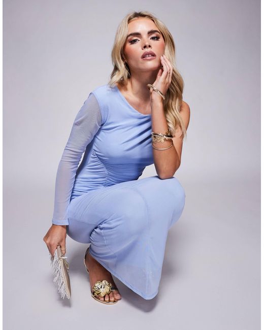 ASOS Purple Asos Design Petite Mesh One Sleeve Asymmetric Midi Dress With Channelled Strap Detail