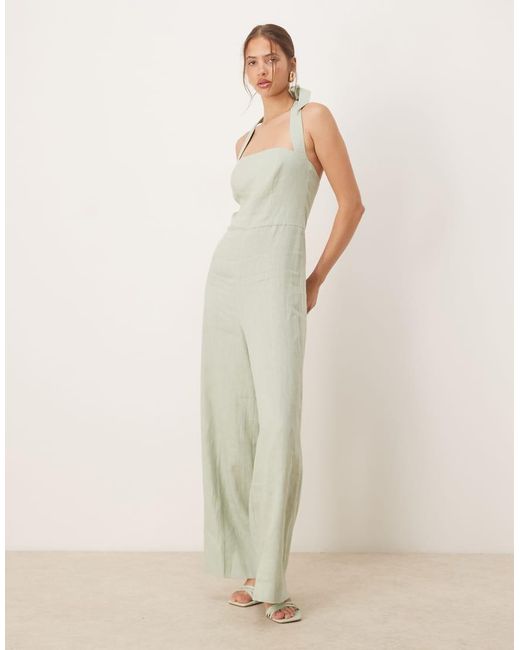 Mango Natural Square Neck Halter Pleat Front Jumpsuit