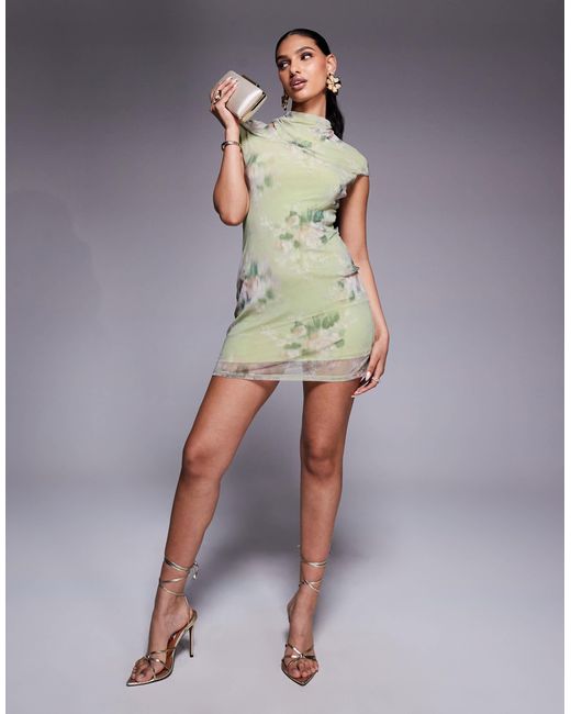 Robe courte en tulle à mancherons et fente sur l'épaule - vert fleuri ASOS en coloris Gray