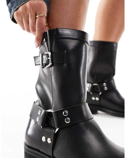 Public Desire Black Stallion Square Toe Flat Ankle Boots With Harness