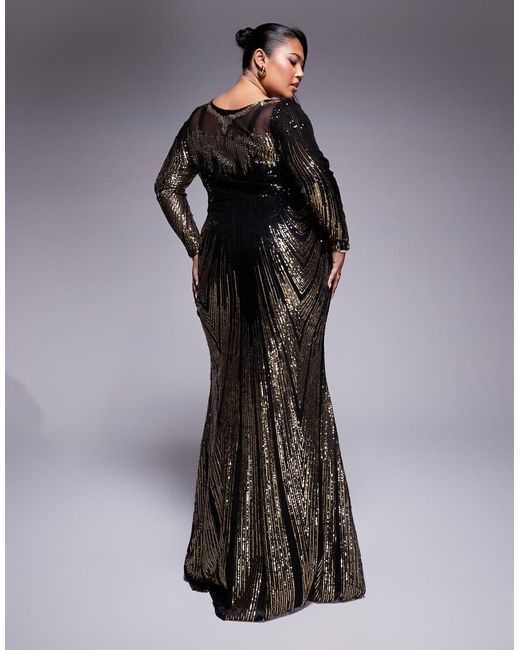 Goddiva Black Curve Long Sleeve Aztec Sequin Maxi Dress
