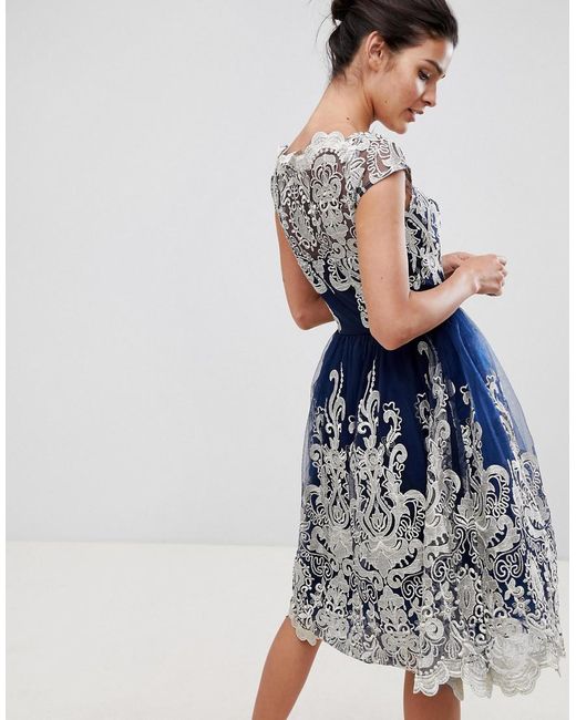 Chi Chi London Premium Metallic Lace Midi Prom Dress With Bardot Neck in  Navy (Blue) | Lyst