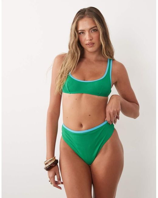 ASOS Green Ronnie Rib Contrast Binding Azores High Leg High Waist Bikini Bottom
