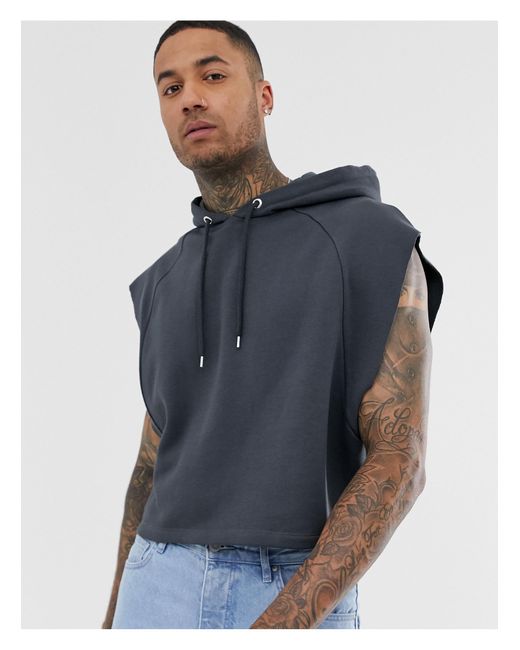 ASOS Black Cropped Oversized Sleeveless Hoodie With Raw Edges for men
