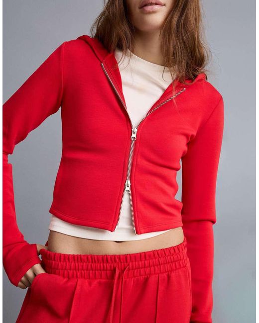 Bershka Red Zip-up Modal Blend Hoodie