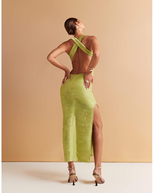 Robe plissée mi-longue effet métallisé avec bretelles croisées dans le dos et coquillages en métal ASOS en coloris Green