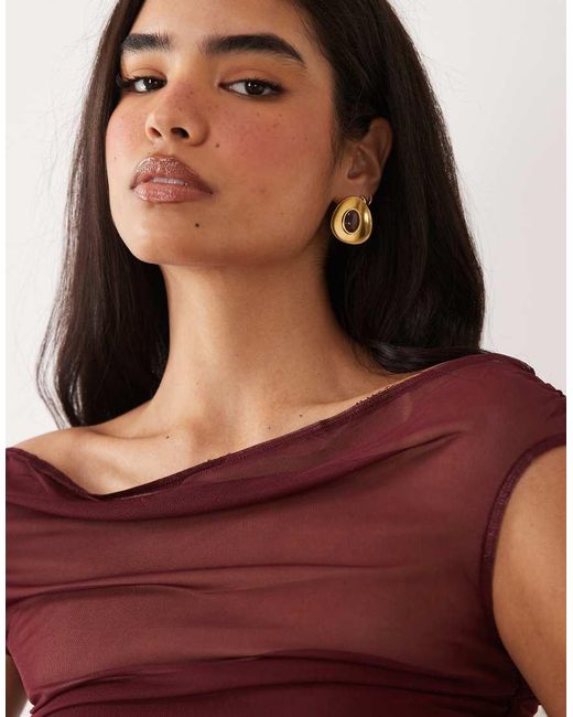 ASOS Red Gathe Short Sleeve Off Shoulder Mesh Top