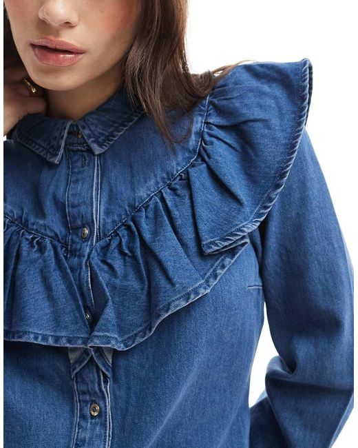 ONLY Blue Long Sleeve Frill Denim Shirt