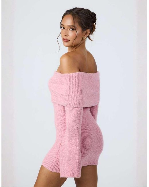 Aria Cove Pink Knitted Bardot Mini Jumper Dress