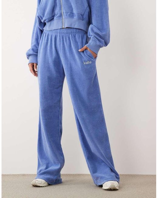 Kaiia Blue Cotton Rich Embroidered Logo Wide Leg Towelling joggers Co-ord