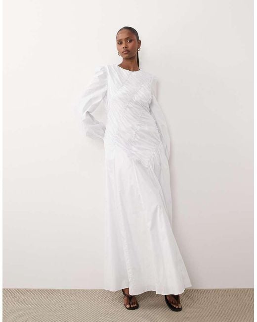 DASKA White Asymmetric Shirred Detail Balloon Sleeve Maxi Dress