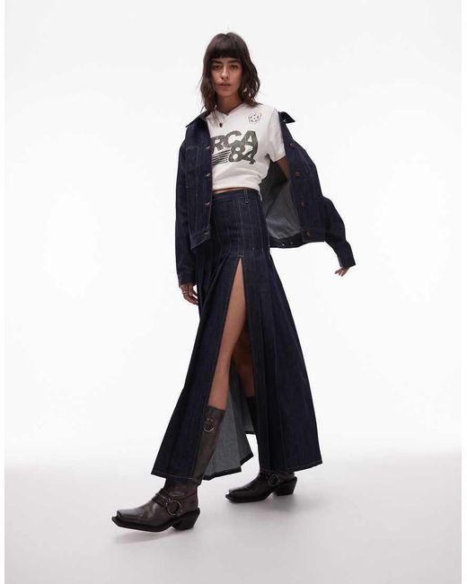 TOPSHOP Blue Denim Pleated Midi Skirt