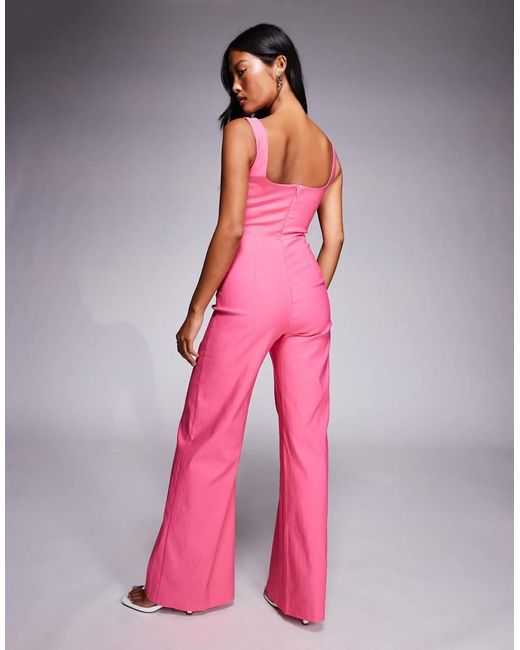 Vesper Petite Pink Square Neck Wide Leg Jumpsuit