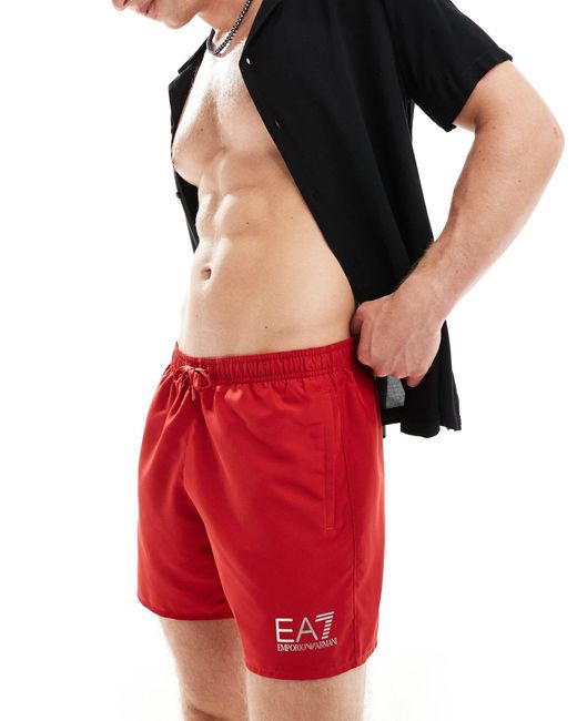EA7 Red Armani Gold Logo Swim Shorts for men