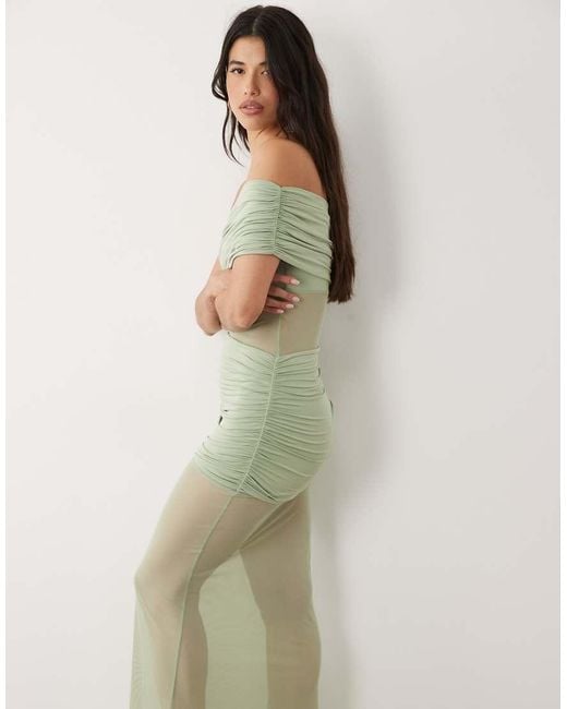 Aria Cove Green Double Layered Slinky Asymmetric Off Shoulder Mesh Insert Sheer Hem Maxi Dress