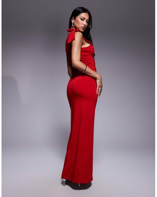 Aria Cove Red Double Sculpted Slinky Tie Shoulder Detail Bodycon Maxi Dress