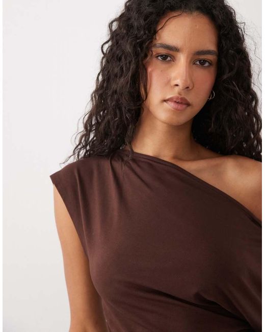 ASOS Brown Floaty Off Shoulder With Cinched Waist Co-ord Top