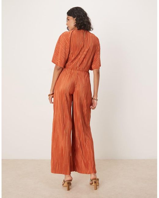 ASOS Orange Plisse Plunge Short Sleeve Wrap Waist Jumpsuit