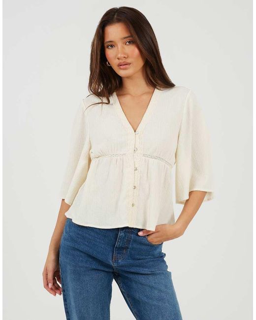 Brave Soul White V-Neck Button Down Top With Lace Detail
