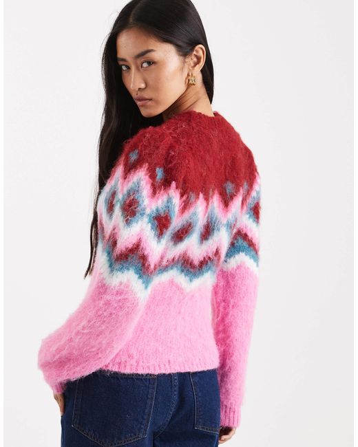 ASOS Pink Power Shoulder Fairisle Brushed Jumper