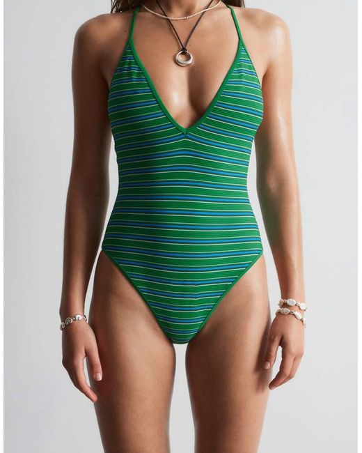 & Other Stories Green Mix And Match V-neck One-piece Swimsuit With Padding
