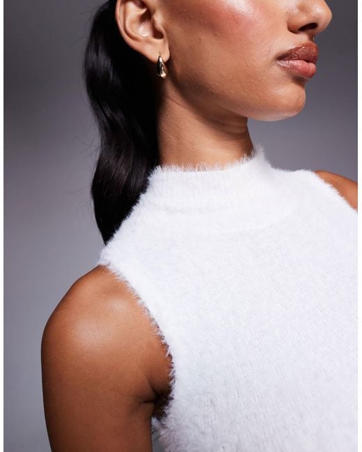 Aria Cove White Fluffy Knit High Neck Sleeveless Mini Jumper Dress Co-ord