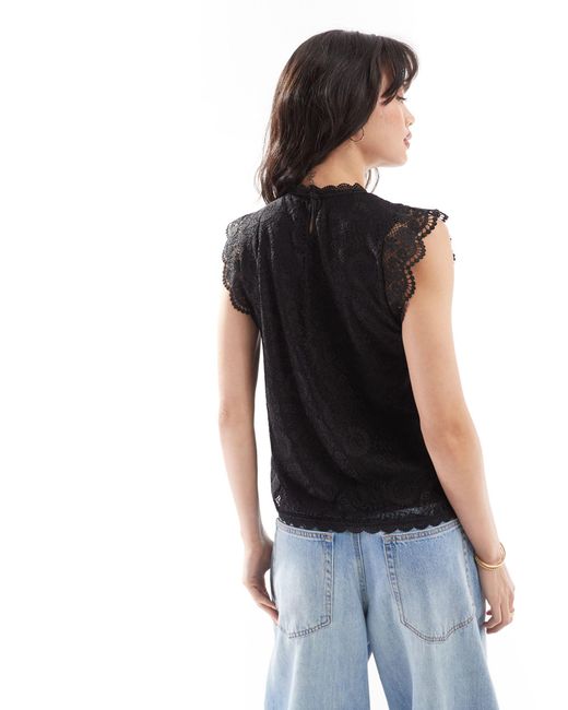 Pieces Black High Neck Sleeveless Lace Top