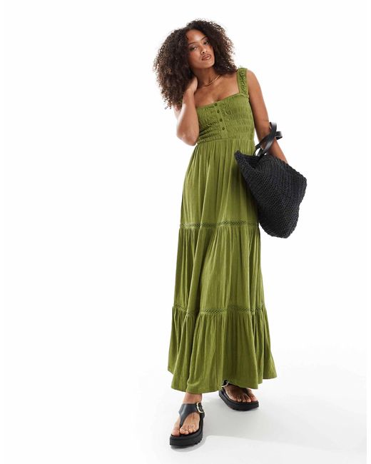 ASOS Green Ruched Square Neck Tiered Midi Dress With Lace Inserts