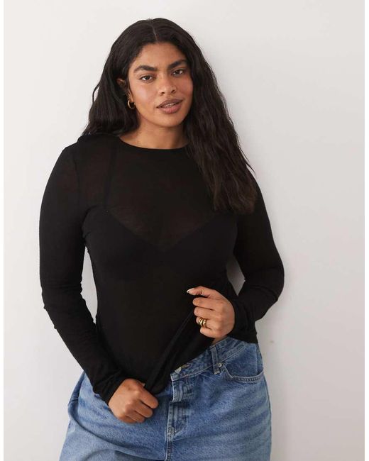 ASOS Black Asos Design Curve Sheer Knit Ruched Side Top