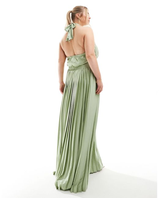 Tfnc Plus Green Bridesmaid Satin Pleated Halter Neck Maxi Dress With Full Skirt