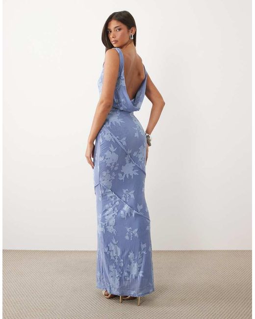ASOS Blue Raw Seam Cowl Back Devore Maxi Dress