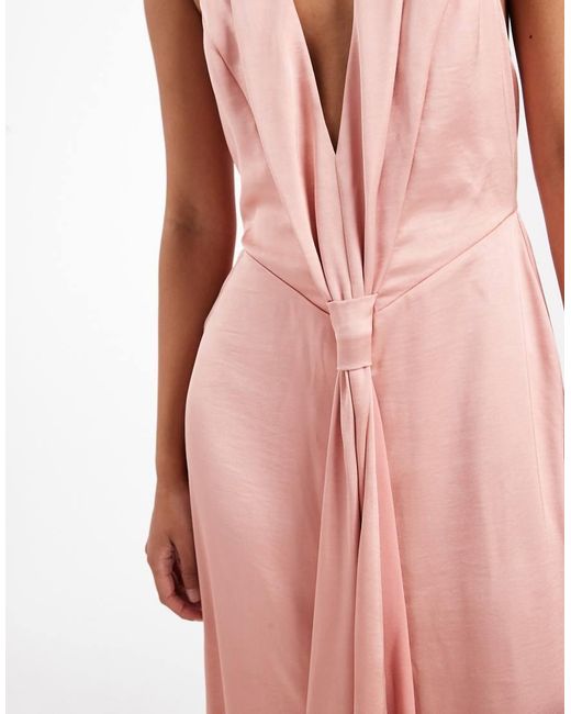TFNC London Pink Bridesmaid Satin Plunge Halter Neck Tassel Detail Maxi Dress