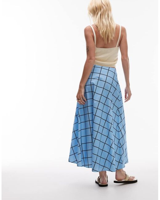 Falda Larga Azul De Corte Circular Con Estampado De Cuadrícula De TOPSHOP de color Blue