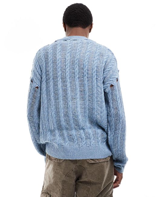 Collusion Blue Cable And Distressed Knitted Jumper for men