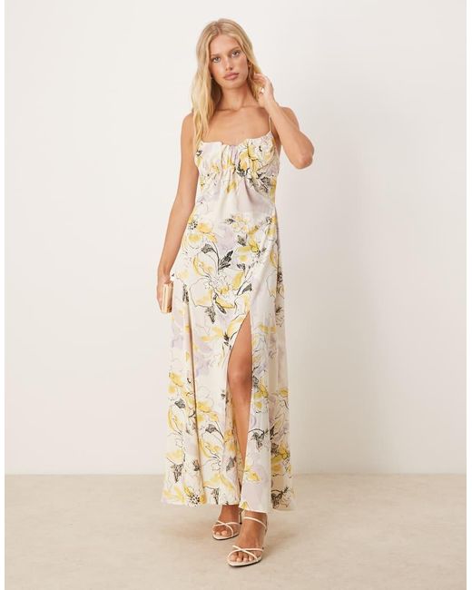 ASOS Midi-Jurk Met Aangerimpelde Buste, Bandjes, Gekruiste Achterkant En Bloemenprint in het Natural