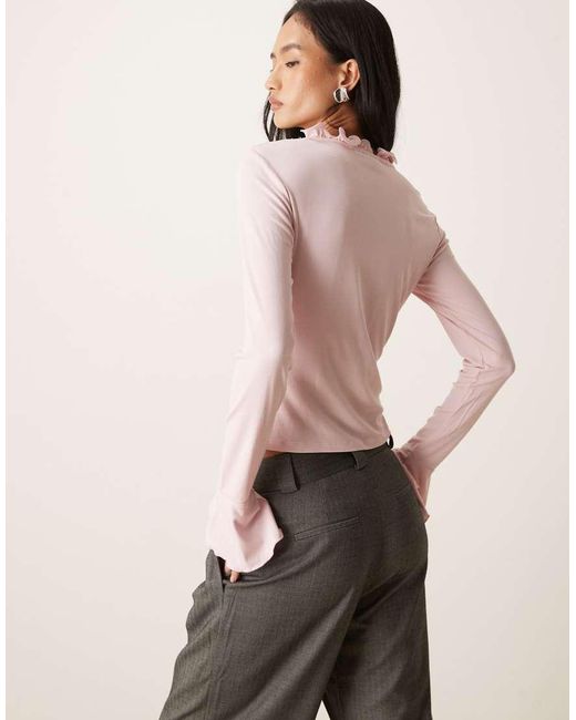 Vila Natural Ruffle Trim Long Sleeve Top