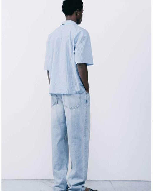 Pull&Bear Blue Striped Short Sleeve Shirt for men