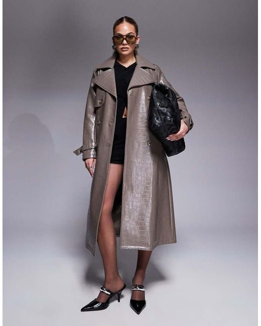 River Island Gray Faux Leather Croc Trench Coat