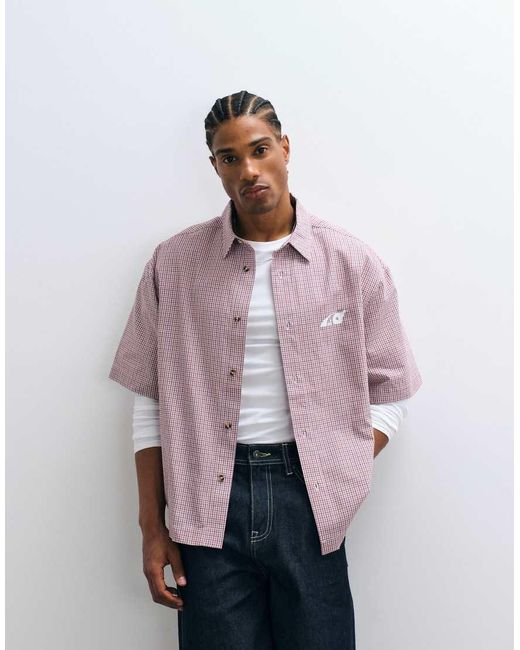 ASOS Pink Boxy Oversized Check Shirt With Chest Print for men