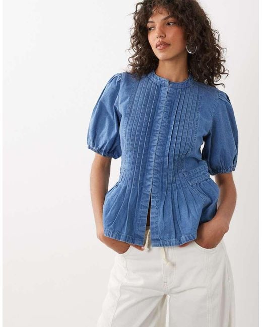 Nobody's Child Blue Tillie Denim Crew Neck Pleat Front Hook And Eye Peplum Top