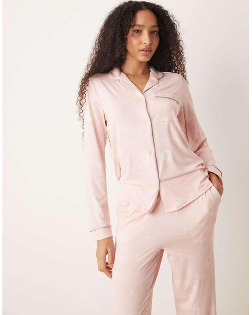 Chelsea Peers Pink Poly Long Sleeve Revere Pyjama Set