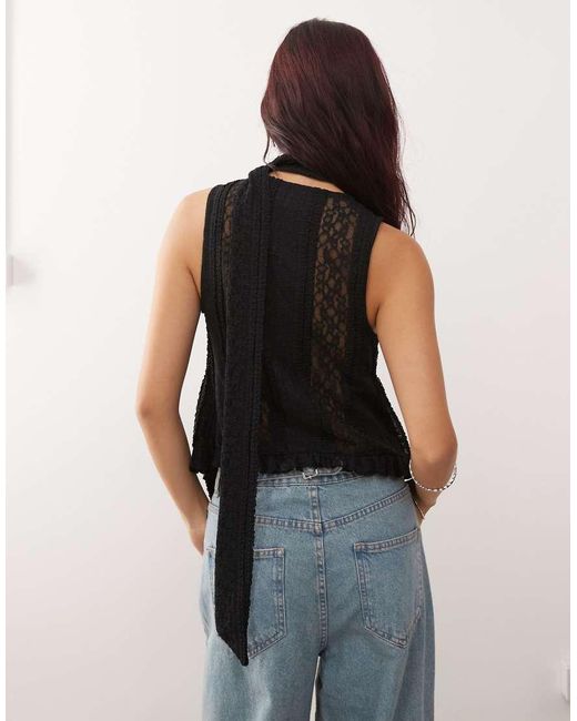 Reclaimed Vintage Black Lace Ruffle Tie Front Blouse With Matching Scarf